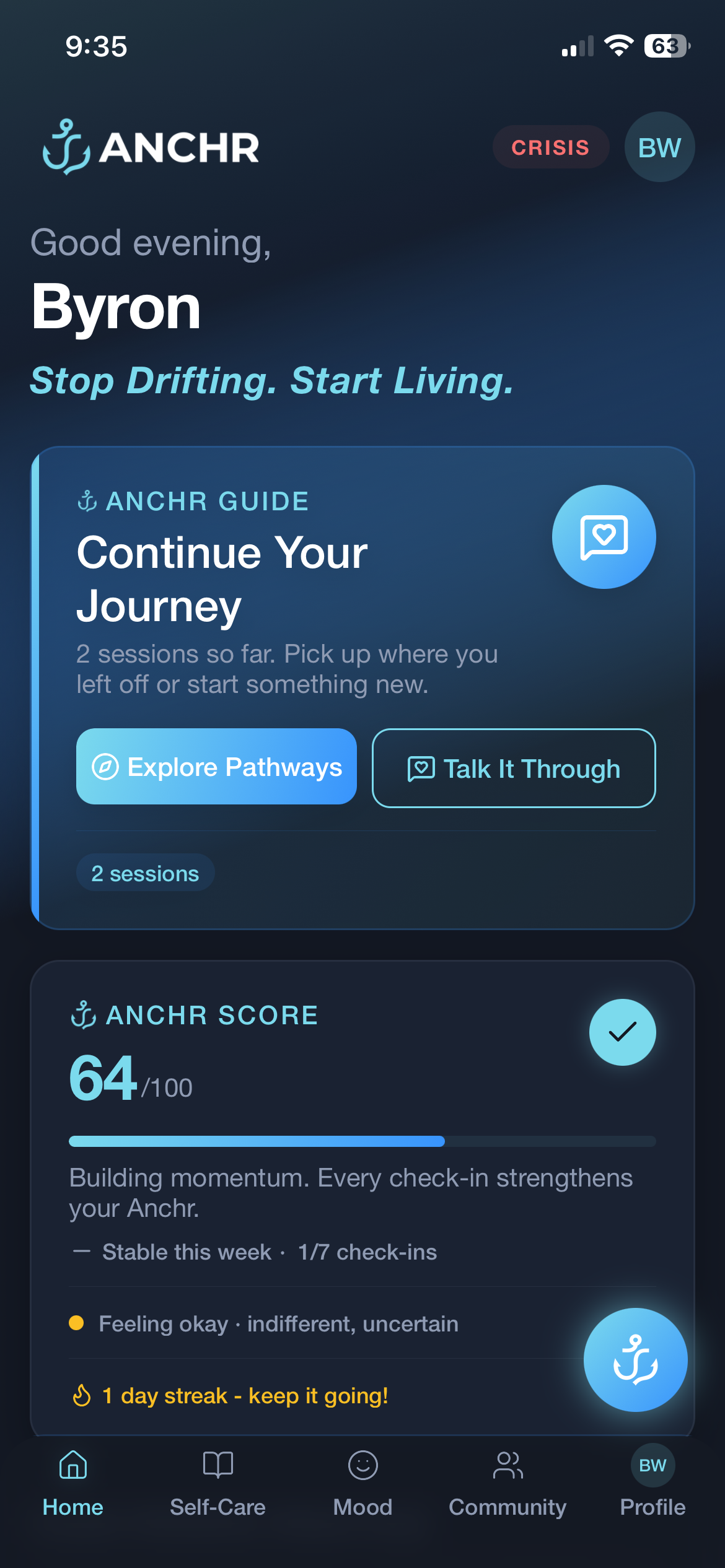 Anchr home screen with Anchr Guide and Anchr Score