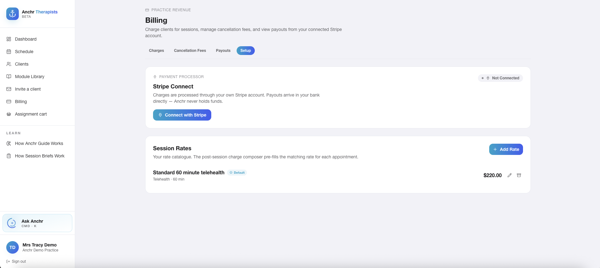 Per-client billing with saved card, one-tap session charge and history