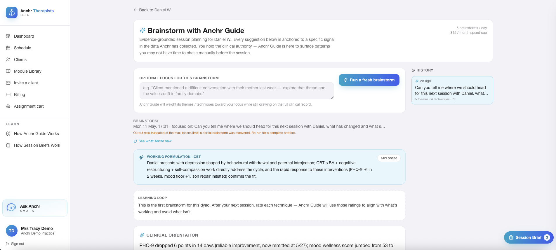 Brainstorm co-pilot showing techniques to try, evidence base and decision trees