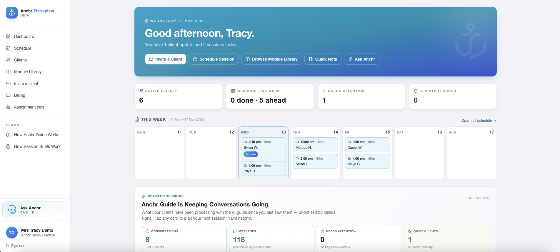 Therapist portal dashboard with week schedule, active clients and between-session signal